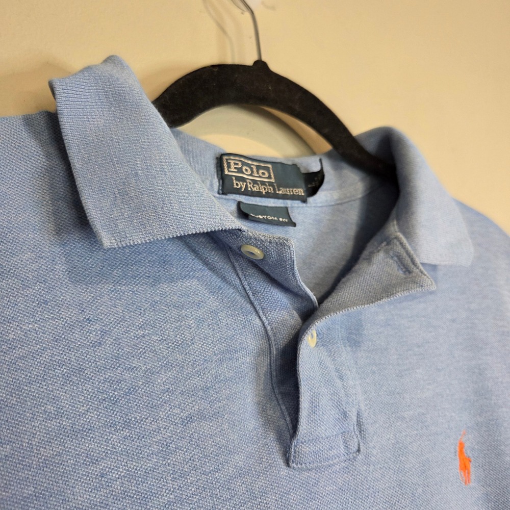Polo Ralph Lauren Custom Fit Polo Shirt Large Blue Heather Pique Orange Pony
